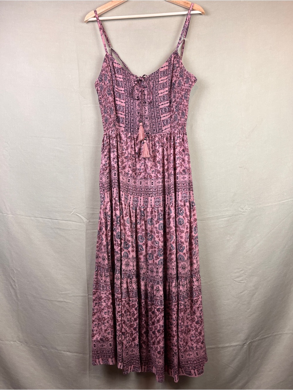 Bohemian Pink Printed Maxi Dress with Tassel Tie and Adjustable Straps